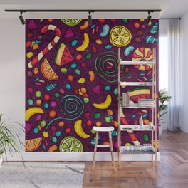 Hand-drawn sweets pattern on magenta Wall Mural