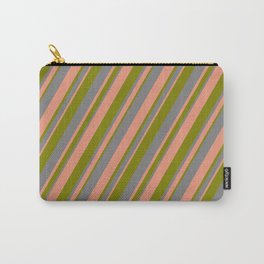[ Thumbnail: Grey, Dark Salmon & Green Colored Stripes/Lines Pattern Carry-All Pouch ]