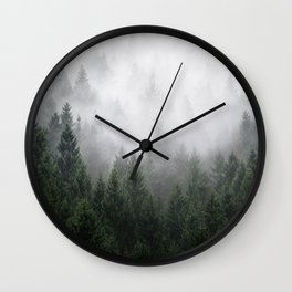 Home Is A Feeling // Wild Romantic Misty Fairytale Wilderness Forest With Trees Covered In Fog Wall Clock