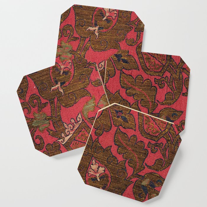 Antique Spanish Red Floral Silk and Satin Weave Coaster