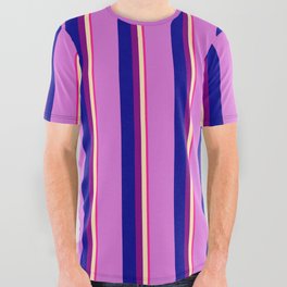[ Thumbnail: Deep Pink, Beige, Purple, Dark Blue, and Orchid Colored Stripes Pattern All Over Graphic Tee ]