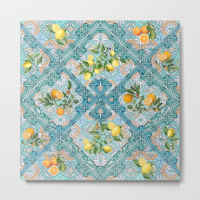 Teal Sicilian citrus lemons oranges fruit_Summer citrus fruit maiolica tiles_Bloomartgallery Metal Print