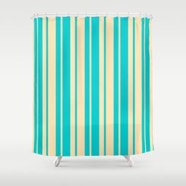 [ Thumbnail: Beige & Dark Turquoise Colored Striped/Lined Pattern Shower Curtain ]