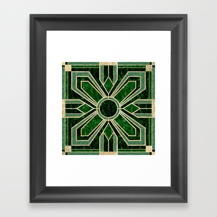 Art Deco Floral Tiles in Emerald Green and Faux Gold Framed Art Print