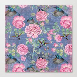 Vintage Watercolor hummingbird and English Roses on blue Background Canvas Print