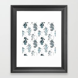 Sea Horses Parade Monochrom blue Framed Art Print