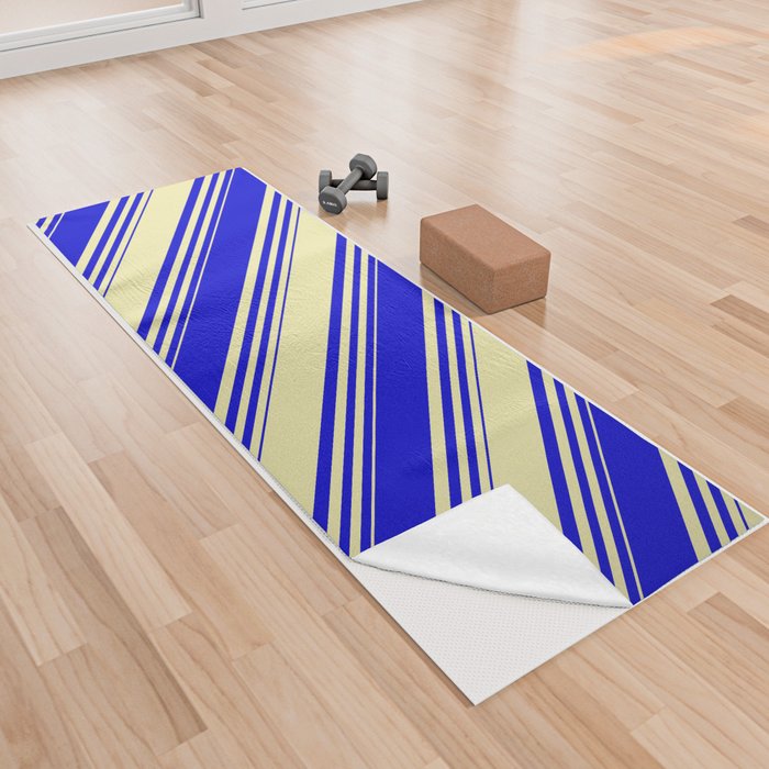 Pale Goldenrod & Blue Colored Stripes Pattern Yoga Towel