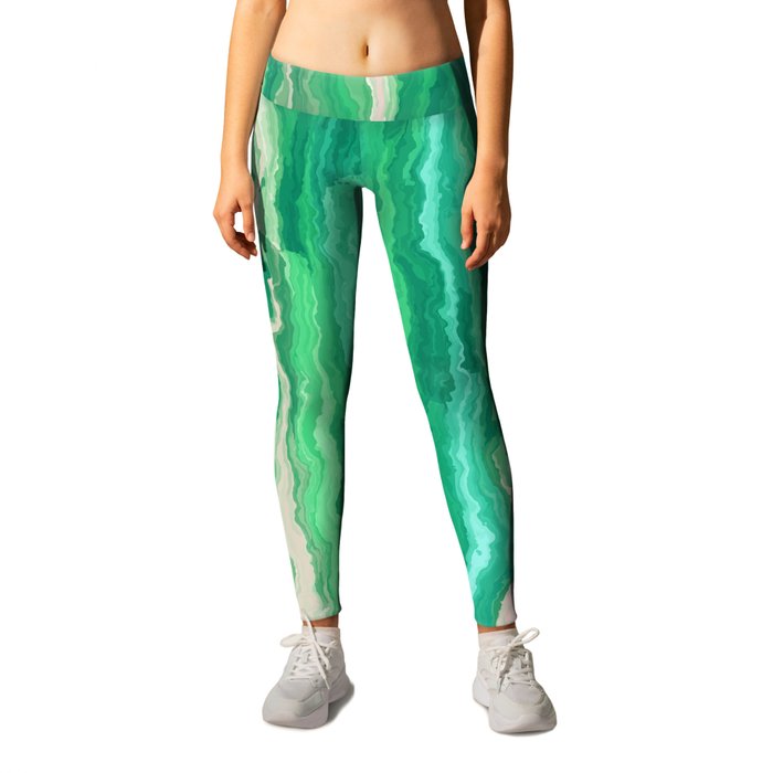Digital Abstract Striped Colorful Watercolor Painting Light, Mid-tone and Dark Green, Gray and Aqua Leggings