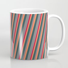 [ Thumbnail: Coral, Dark Slate Gray, Grey, and Crimson Colored Pattern of Stripes Coffee Mug ]