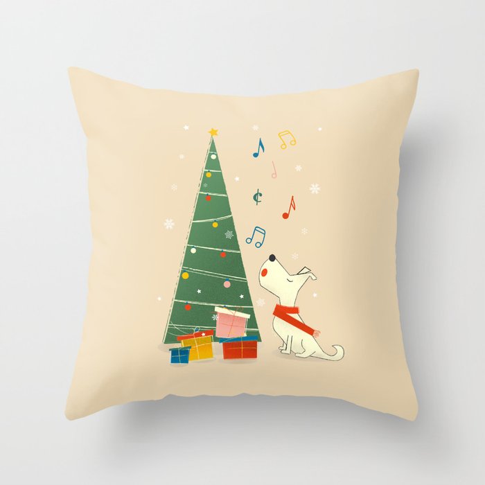 Festive Dog and a Christmas Tree Throw Pillow