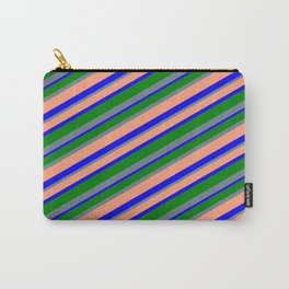[ Thumbnail: Slate Gray, Light Salmon, Blue & Green Colored Lines/Stripes Pattern Carry-All Pouch ]