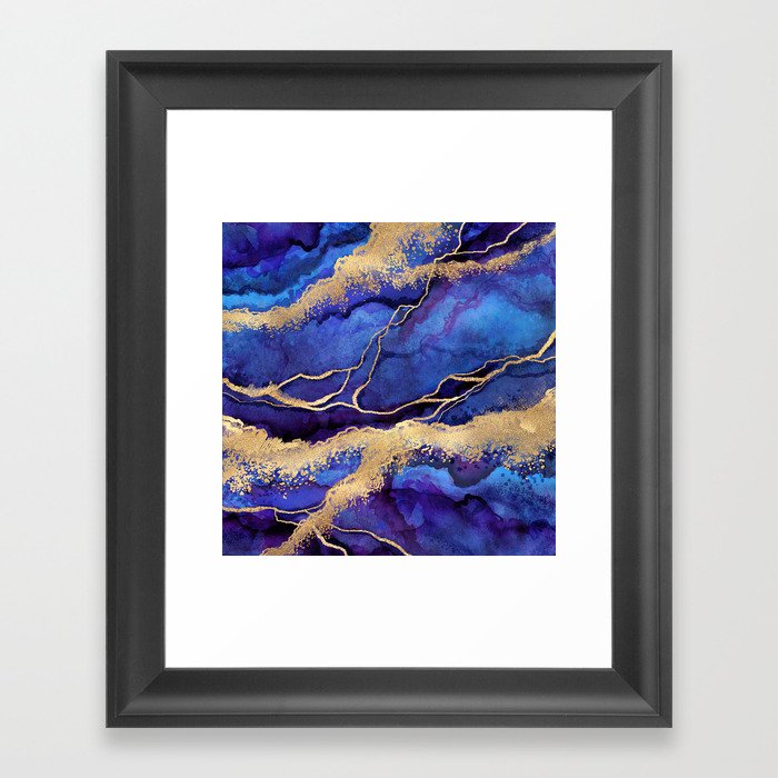 Royal Blue + Violet + Gold Abstract Shoreline Framed Art Print