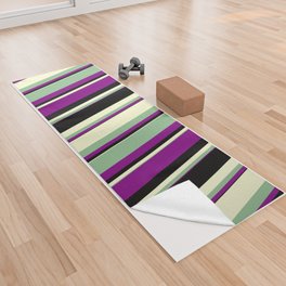 [ Thumbnail: Purple, Dark Sea Green, Light Yellow & Black Colored Lines/Stripes Pattern Yoga Towel ]