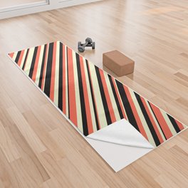 [ Thumbnail: Red, Black & Light Yellow Colored Striped Pattern Yoga Towel ]