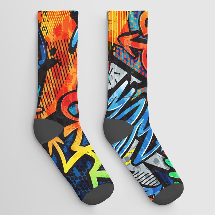 Abstract bright graffiti pattern. With bricks, paint drips, words in graffiti style. Graphic urban design Socks