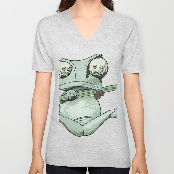 Funny Frog Hanging in There V Neck T Shirt