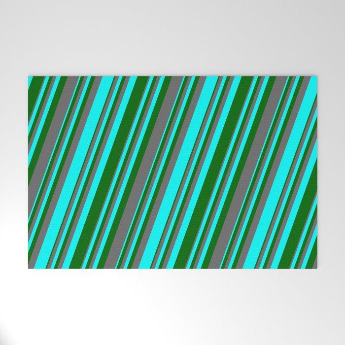 Aqua, Dark Green & Dim Grey Colored Lines/Stripes Pattern Welcome Mat