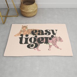 Easy Tiger (black text, pink and orange tigers) Rug