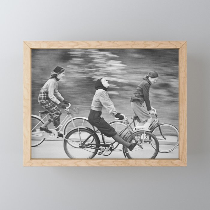 Women Riding Bicycles black and white photography / black and white photographs Framed Mini Art Print