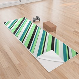 [ Thumbnail: Green, Teal, Mint Cream & Black Colored Lined Pattern Yoga Towel ]