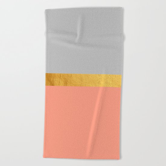 Minimalist Fashion Peach Pink + Gold + Squares Beach Towel