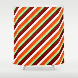 [ Thumbnail: Red, Green, Maroon, and White Colored Pattern of Stripes Shower Curtain ]