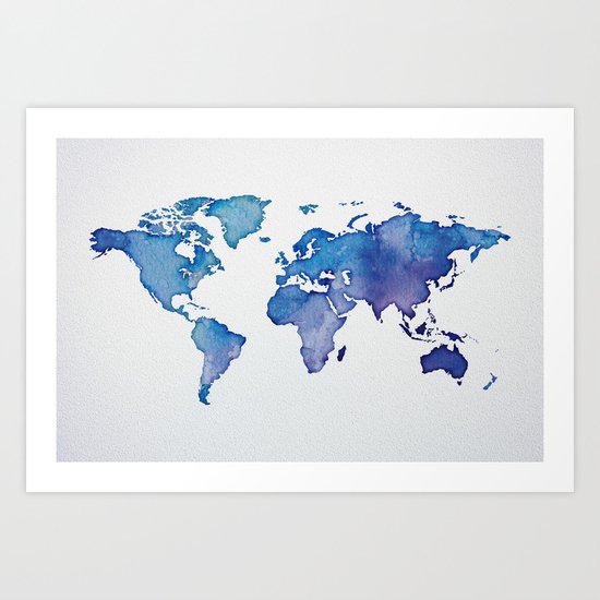 Blue World Map 02 Art Print