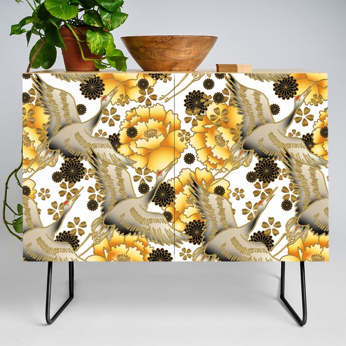 Japanese Crane pattern with Yellow peonies on White Credenza