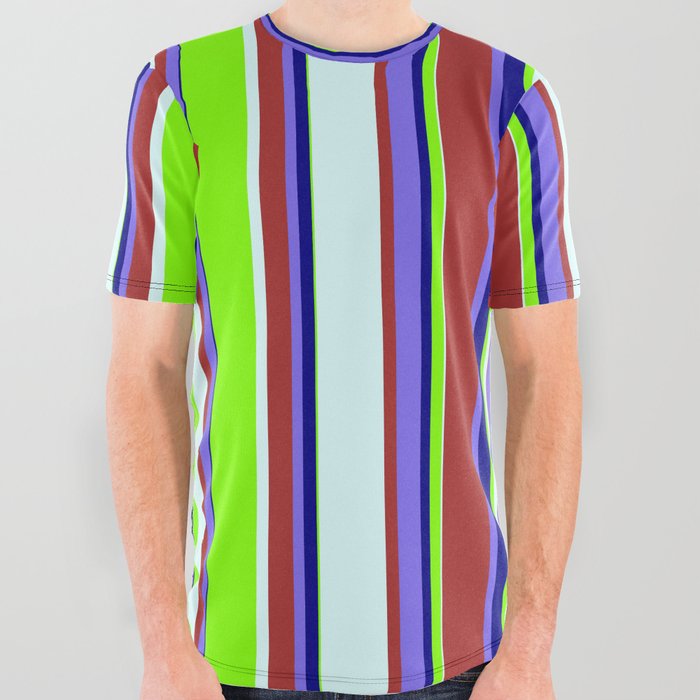 Colorful Brown, Medium Slate Blue, Blue, Chartreuse & Light Cyan Colored Striped/Lined Pattern All Over Graphic Tee