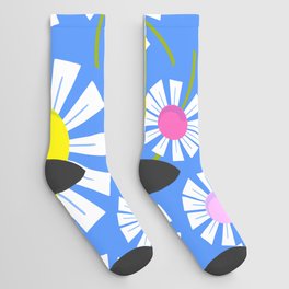 Retro Modern Mini Daisy Flowers On Blue Socks