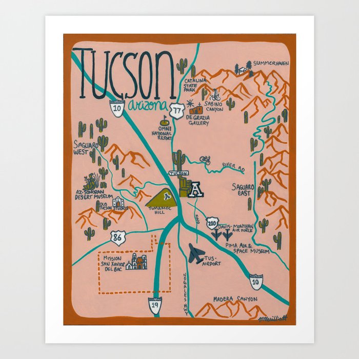 Tucson Arizona Illustrated Map- Rust Art Print