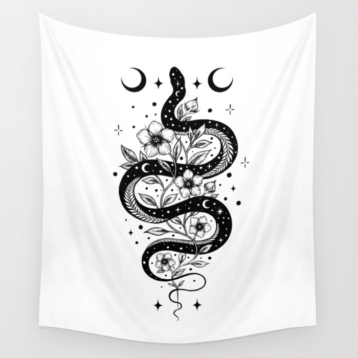 Serpent Spell -Black and White Wall Tapestry