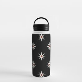 Atomic mid century retro star flower pattern in black background Water Bottle
