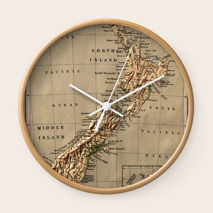 Map of New Zealand 1880 Wall Clock by Vintage Maps & Prints Society6