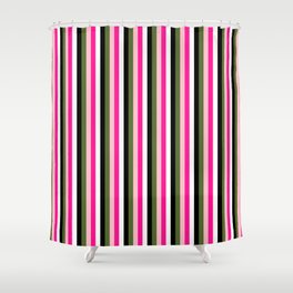 [ Thumbnail: Colorful Deep Pink, Pink, Dark Olive Green, Black, and White Colored Lined Pattern Shower Curtain ]