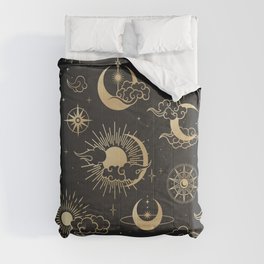 Black & Gold Sun Moon & Star Pattern Comforter