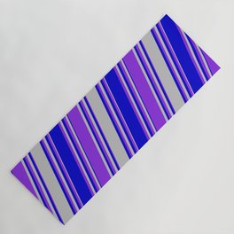 [ Thumbnail: Grey, Blue & Purple Colored Stripes Pattern Yoga Mat ]