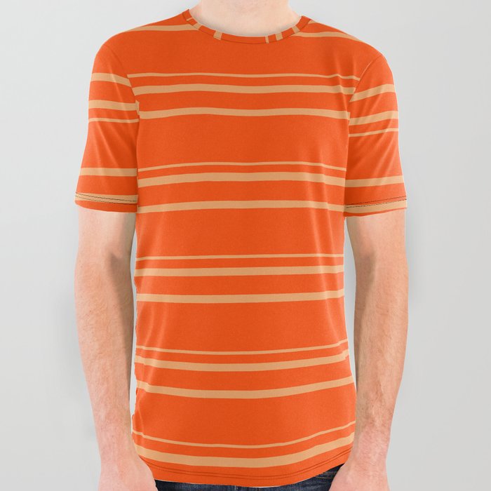 Red and Brown Colored Lines Pattern All Over Graphic Tee