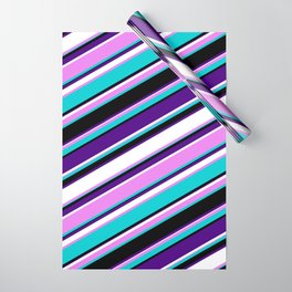 [ Thumbnail: Eyecatching Violet, Dark Turquoise, Black, Indigo & White Colored Lines/Stripes Pattern Wrapping Paper ]
