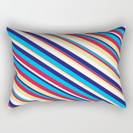 [ Thumbnail: Eyecatching Midnight Blue, Deep Sky Blue, Crimson, Tan, and White Colored Lined Pattern Rectangular Pillow ]