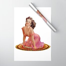 Brunette Pin Up With Pink Dress on Colorful Rug Wrapping Paper