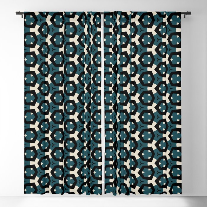 Modern, abstract, geometric pattern with hexagon shapes in deep sea green, bone, tan and black Blackout Curtain