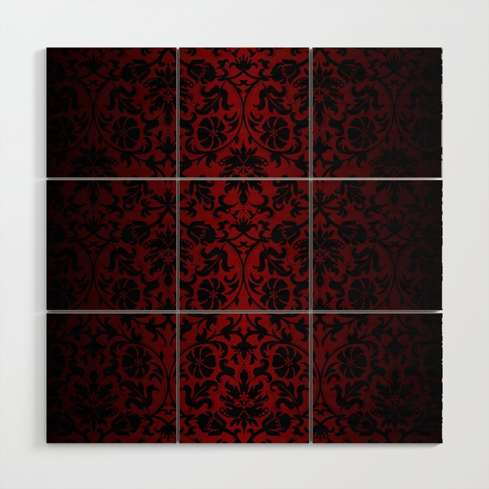 Dark Red and Black Damask Wood Wall Art