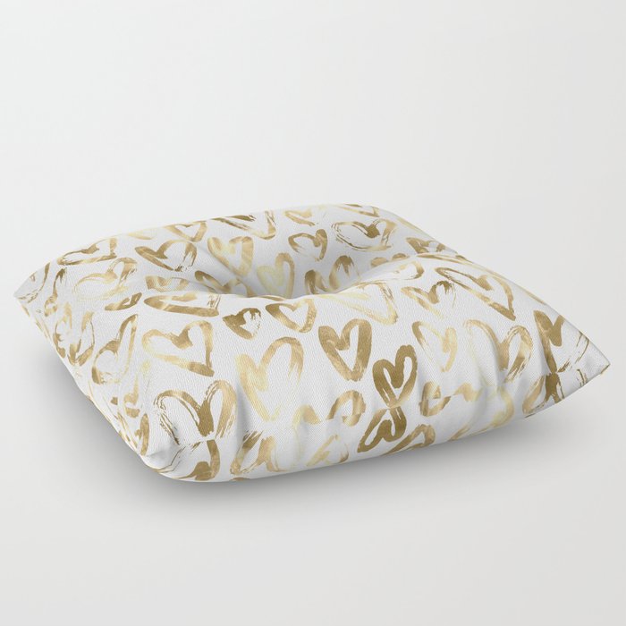 Gold Love Hearts Pattern on White Floor Pillow