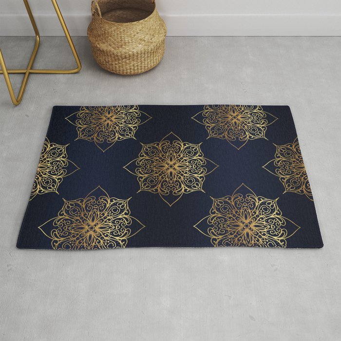 Gold and Navy Damask Rug