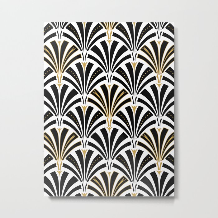 Art Deco Fan Pattern, Black and White Metal Print