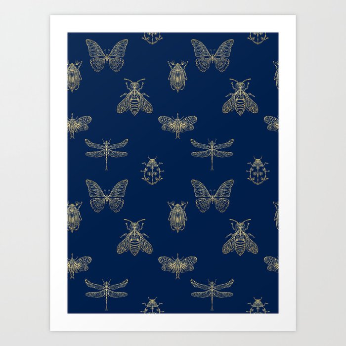 Golden Insects pattern on the blue background Art Print