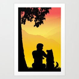 Best Friends Art Print | Boy, Graphicdesign, Watercolor, Tree, Sunset, Canine, Mansbestfriend, Digital, Dog, Pet 