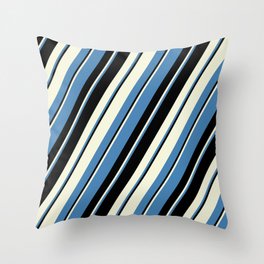[ Thumbnail: Beige, Blue & Black Colored Pattern of Stripes Throw Pillow ]