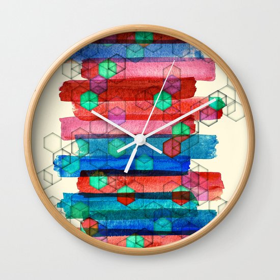 Shape Shifting & Shadow Boxing - watercolor stripes & hexagon pattern Wall Clock